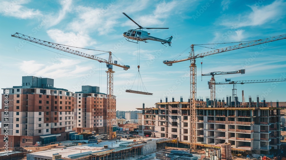 Helicopter Over Busy Construction Site With Cranes Helicopter Over Busy Construction Site With Cranes