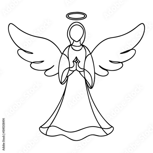 Elegant line art angel with wings and halo on white background