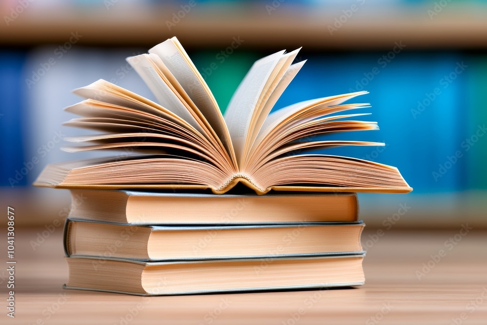 Stack of books with one open to a page with a picture of a book. The books are arranged in a pyramid shape Stack of books with one open to a page with a picture of a book. The books are arranged in a pyramid shape