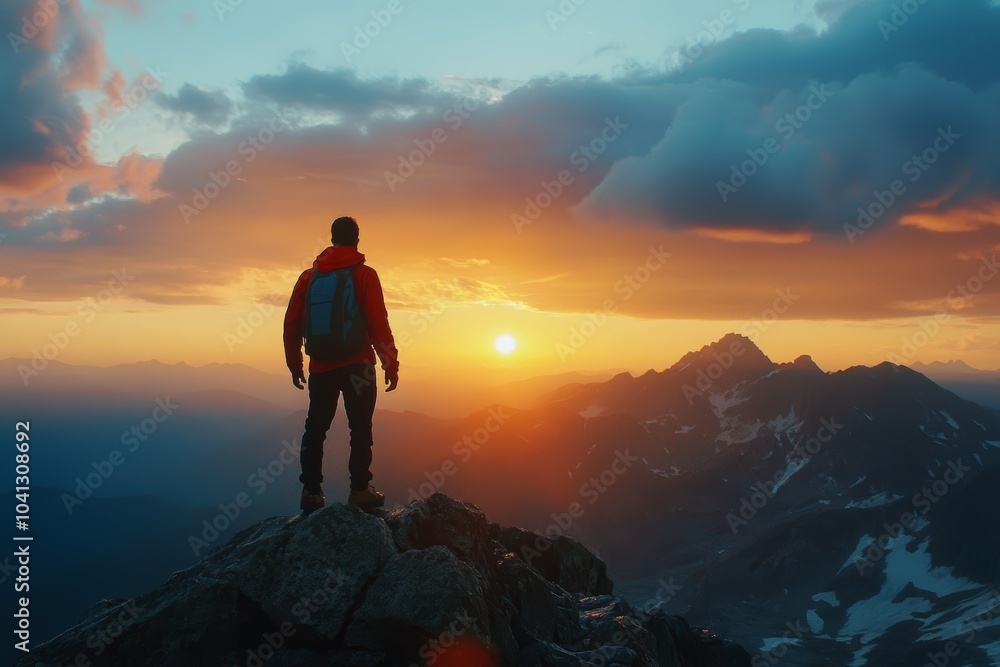 Fototapeta premium Man standing on top of a mountain watching the sunset.