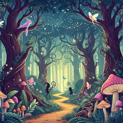 Mystical woodland with ancient trees lush vegetation and sparkling fairy lights background