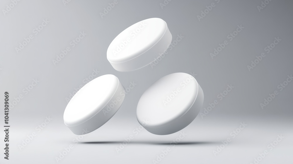 Four white pills are floating in the air. The image has a light and airy feel to it Four white pills are floating in the air. The image has a light and airy feel to it