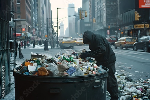 Person rummaging through trash for recyclables photo