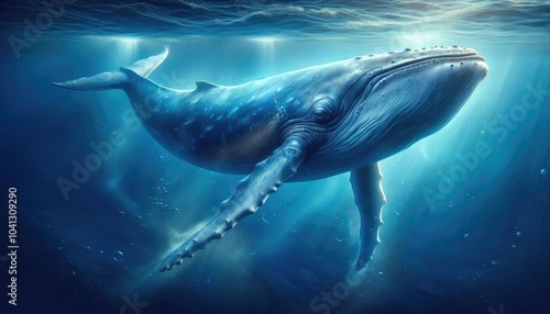 Wallpaper Mural Realistic Digital Artwork of a Blue Whale Swimming Underwater, Showcasing Detailed Skin Texture, Natural Blue Tones, Ocean Depths, Water Particles, and Light Filtering Through the Water Torontodigital.ca