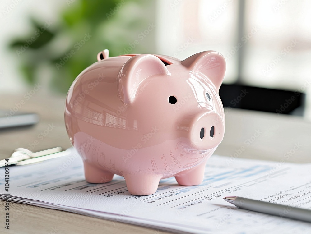 Pink piggy bank on a desk with finance documents, symbolizing savings and budgeting in a modern workspace. Pink piggy bank on a desk with finance documents, symbolizing savings and budgeting in a modern workspace.