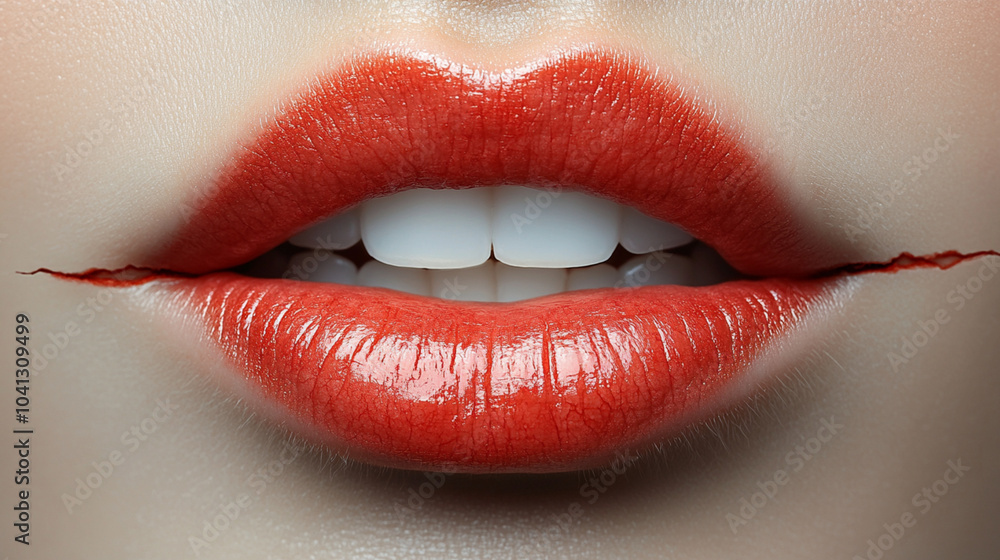 Dry lips A striking close-up showcases cracked lips adorned with glossy red lipstick Dry lips A striking close-up showcases cracked lips adorned with glossy red lipstick