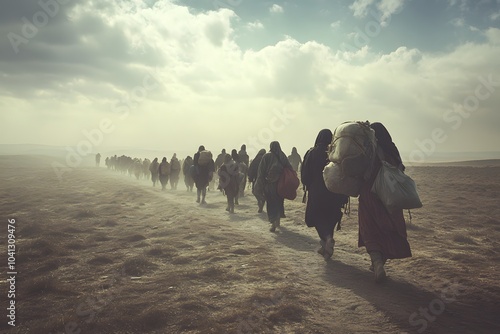 Refugees walking across a barren field