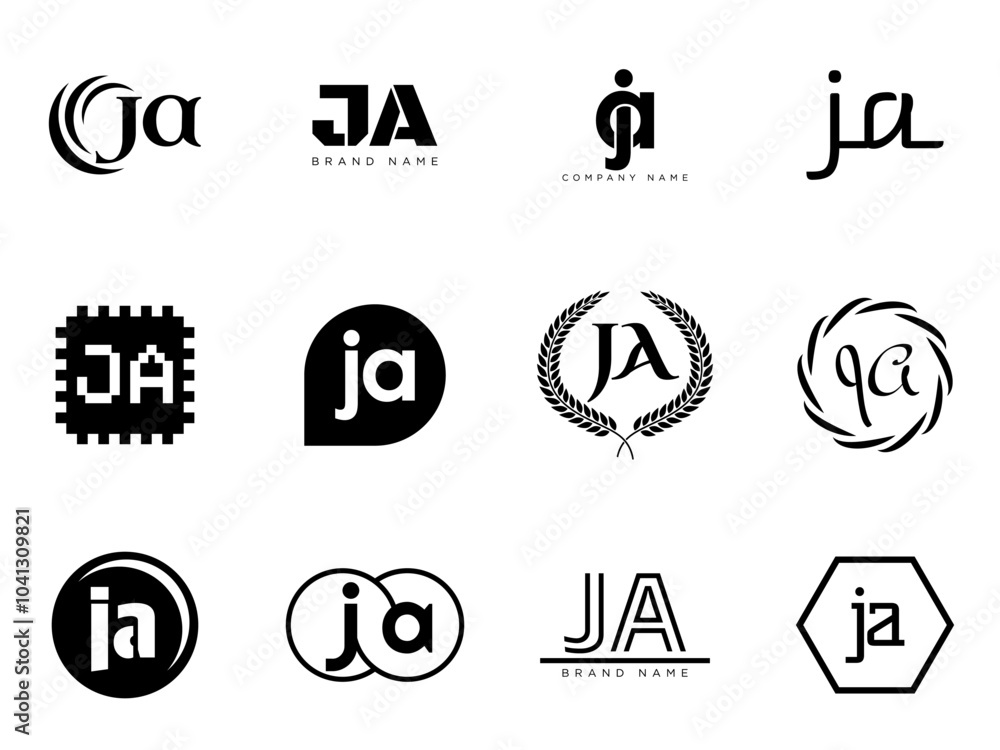 JA logo company template. Letter j and a logotype. Set different classic serif lettering and modern bold text with design elements. Initial font typography. JA logo company template. Letter j and a logotype. Set different classic serif lettering and modern bold text with design elements. Initial font typography.
