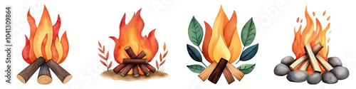 A collection of stylized campfire illustrations showcasing different fire types and surrounding elements, emphasizing warmth and outdoor atmosphere. photo