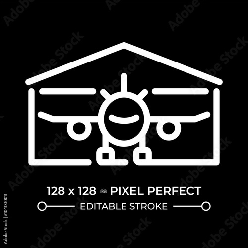 Hangar white linear icon for dark theme. Aircraft storage. Airplane maintenance. Aviation shelter. Airport infrastructure. Thin line illustration. Isolated symbol for night mode. Editable stroke