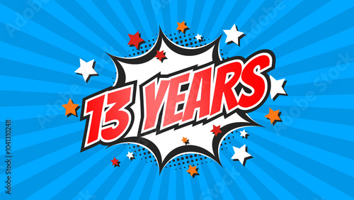 Celebratory animation for 13th thirteenth anniversary - 13 thirteen years birthday. Flat text on pop colorful background with rays.