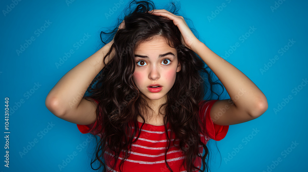 girl with curly hair looks surprised and distressed, touching her head against bright blue background. Her expression conveys sense of worry and confusion girl with curly hair looks surprised and distressed, touching her head against bright blue background. Her expression conveys sense of worry and confusion