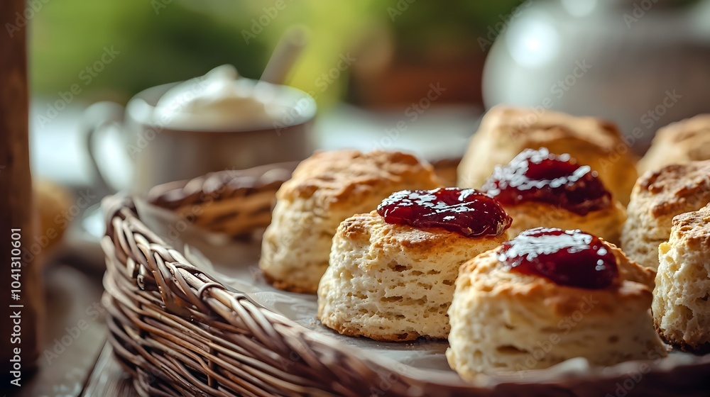 Freshly Baked Scones on a Tray with Jam and Clotted Cream Representing the Cozy Tradition of Afternoon Tea Freshly Baked Scones on a Tray with Jam and Clotted Cream Representing the Cozy Tradition of Afternoon Tea