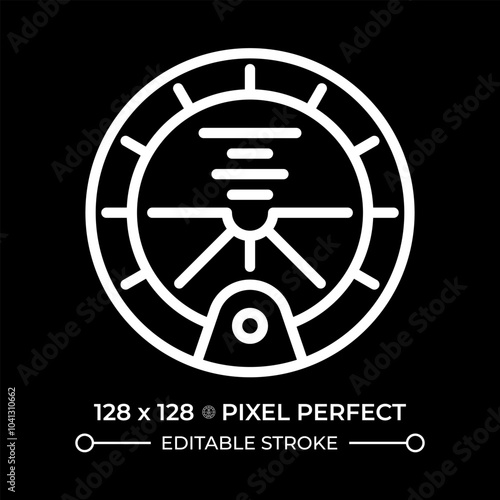Attitude indicator white linear icon for dark theme. Essential cockpit instrument. Orientation relative to horizon. Thin line illustration. Isolated symbol for night mode. Editable stroke