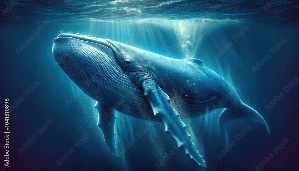 Fototapeta premium Realistic Digital Artwork of a Blue Whale Swimming Underwater, Showcasing Detailed Skin Texture, Natural Blue Tones, Ocean Depths, Water Particles, and Light Filtering Through the Water