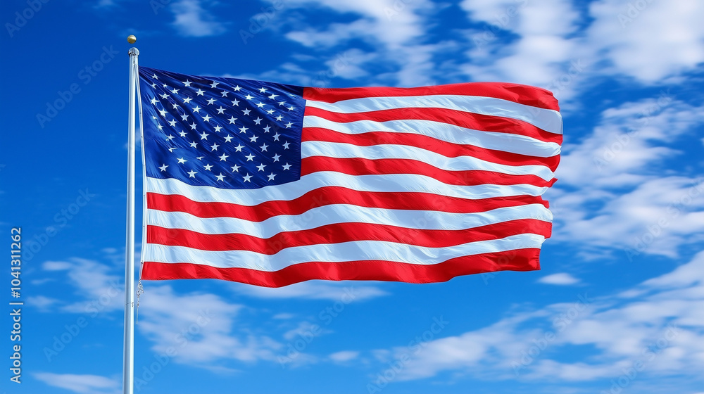 Fototapeta premium American flag waving proudly against a bright blue sky with white clouds. This patriotic image captures the spirit of national pride and freedom associated with the United States