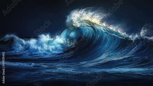 Perfectly swirling frothy waves in a deep blue ocean, creating a captivating and dynamic visual of nature's untamed force