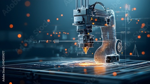 Futuristic digital image depicting glowing mesh lines creating a 3D printer in the process of printing an object representing innovative technology and manufacturing