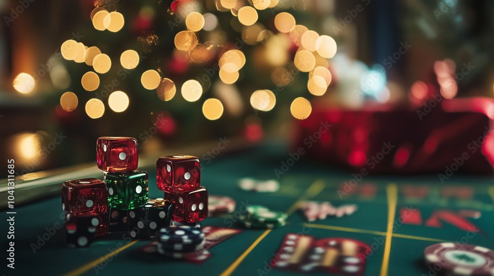 Close-up of Christmas-themed dice and poker chips on a casino table, with bokeh lights from a decorated tree in the background. The festive ambiance mixes gambling with holiday cheer Close-up of Christmas-themed dice and poker chips on a casino table, with bokeh lights from a decorated tree in the background. The festive ambiance mixes gambling with holiday cheer