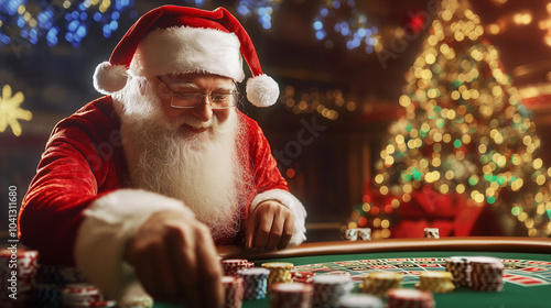 Santa Claus playing at a casino roulette table during Christmas, surrounded by a festive atmosphere and holiday lights. The combination of gambling and holiday spirit creates a fun and unique seasonal