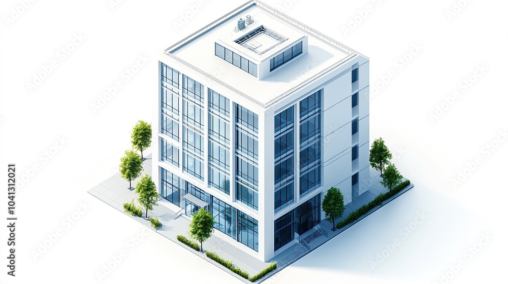 A crisp isometric vector of a corporate office building with clean lines and minimal shading, set against a white background A crisp isometric vector of a corporate office building with clean lines and minimal shading, set against a white background