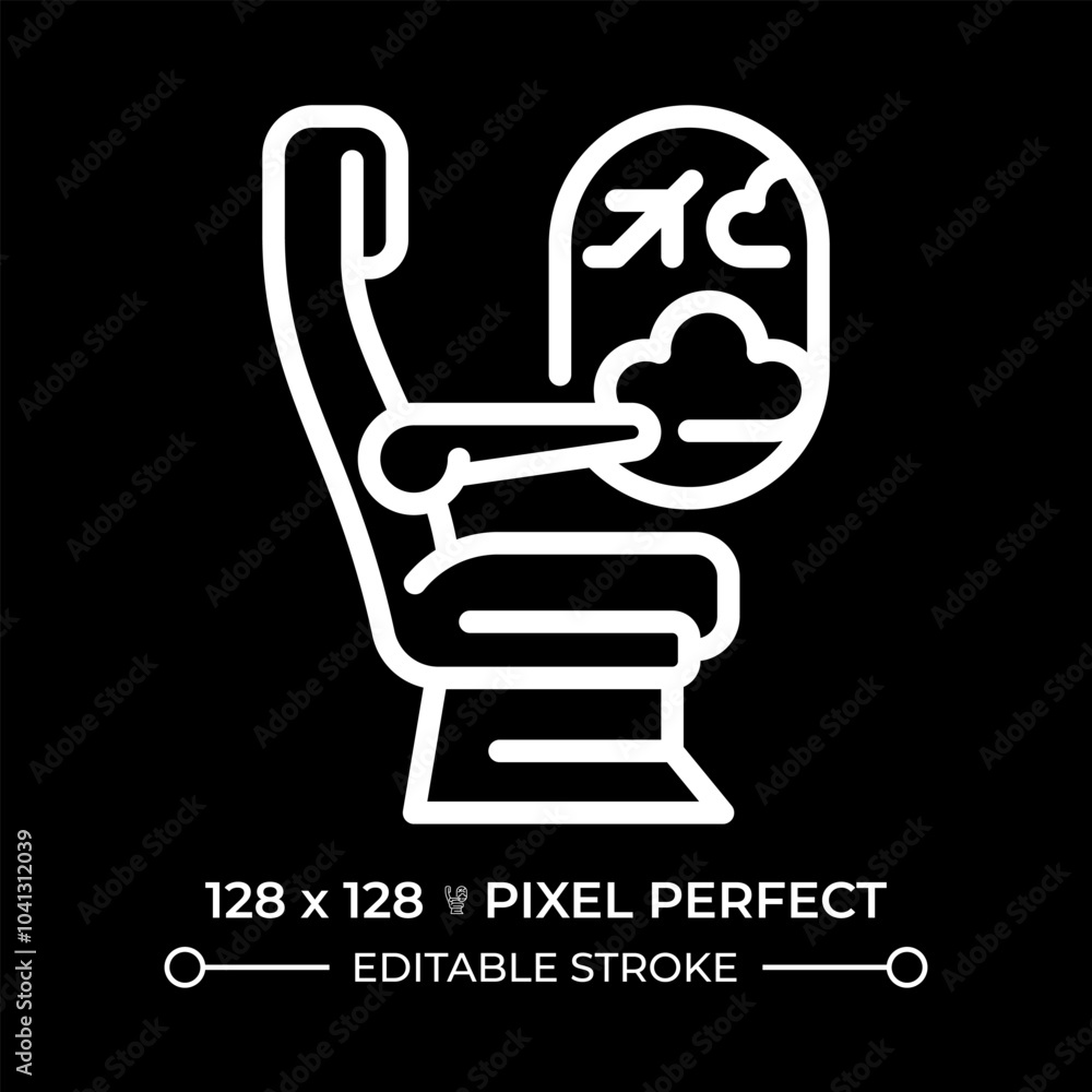 Airplane passenger seat white linear icon for dark theme. In-flight comfort. Seating arrangements. Travel. Window seat. Thin line illustration. Isolated symbol for night mode. Editable stroke Airplane passenger seat white linear icon for dark theme. In-flight comfort. Seating arrangements. Travel. Window seat. Thin line illustration. Isolated symbol for night mode. Editable stroke