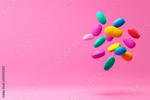 Colorful pill cloud is floating in the air above a pink background. The pill cloud is made up of various colored pills, including red, blue, green, and yellow. Concept of playfulness and whimsy