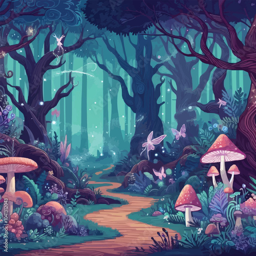 Mystical woodland with ancient trees lush vegetation and sparkling fairy lights background