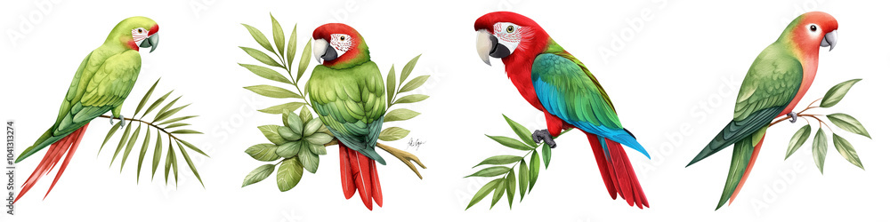 Obraz premium Four colorful parrots perched on branches, showcasing vibrant feathers against a dark background, celebrating the beauty of avian life.