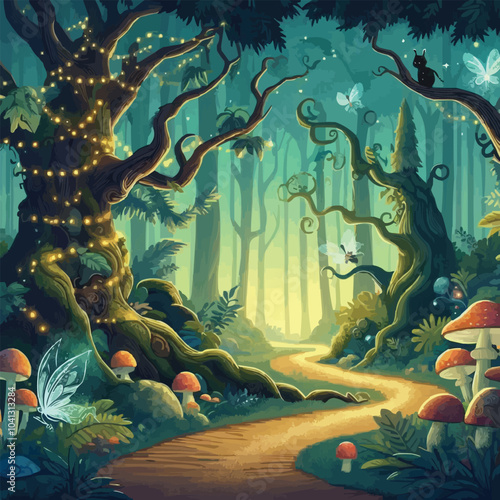 Mystical woodland with ancient trees lush vegetation and sparkling fairy lights background