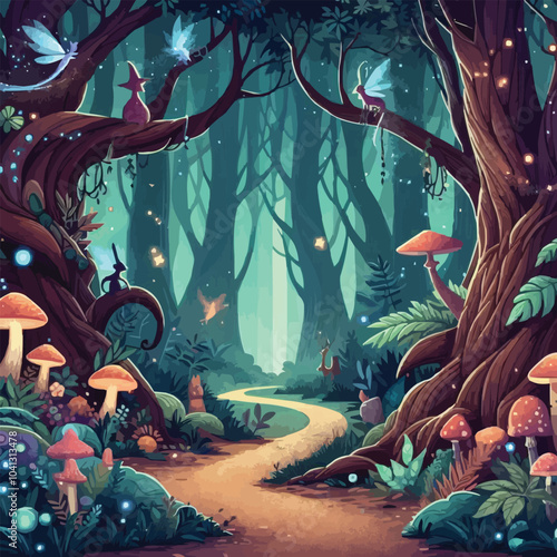 Mystical woodland with ancient trees lush vegetation and sparkling fairy lights background