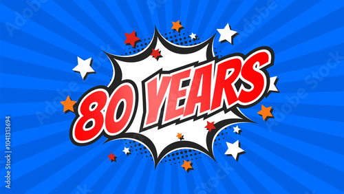 Celebratory animation for 80th eightieth anniversary - 80 eighty years birthday. Flat text on pop colorful background with rays.