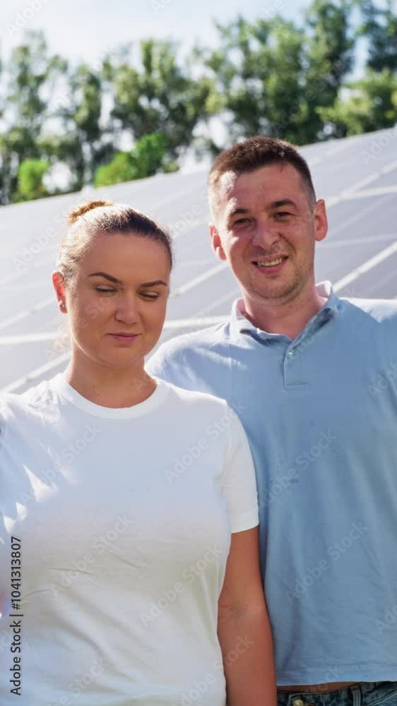 Family portrait of wife and husband on the background of solar panels at home. Happy people, production of eco green electricity by solar panels. High quality 4k footage Family portrait of wife and husband on the background of solar panels at home. Happy people, production of eco green electricity by solar panels. High quality 4k footage