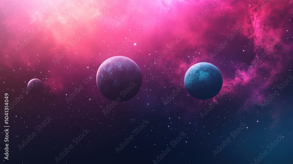 Fototapeta premium A stunning cosmic scene featuring three planets amid a vibrant galaxy filled with colorful clouds and stars.