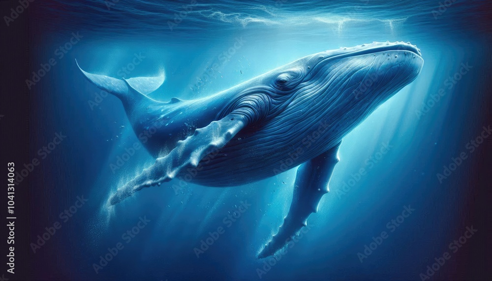 Fototapeta premium Realistic Digital Artwork of a Blue Whale Swimming Underwater, Showcasing Detailed Skin Texture, Natural Blue Tones, Ocean Depths, Water Particles, and Light Filtering Through the Water