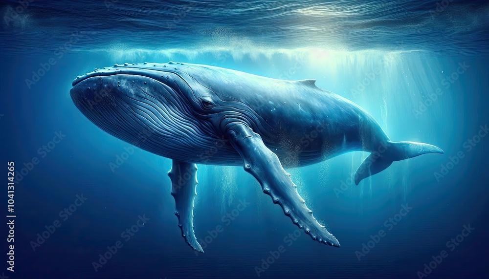 Fototapeta premium Realistic Digital Artwork of a Blue Whale Swimming Underwater, Showcasing Detailed Skin Texture, Natural Blue Tones, Ocean Depths, Water Particles, and Light Filtering Through the Water
