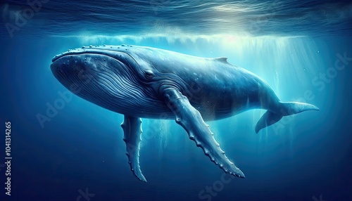 Wallpaper Mural Realistic Digital Artwork of a Blue Whale Swimming Underwater, Showcasing Detailed Skin Texture, Natural Blue Tones, Ocean Depths, Water Particles, and Light Filtering Through the Water Torontodigital.ca