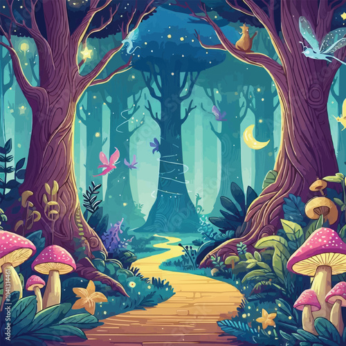 Mystical woodland with ancient trees lush vegetation and sparkling fairy lights background