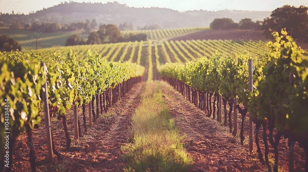 Naklejka premium Lush and flourishing vineyard with rows of grapevines heavy with ripe fruit nestled beneath towering mountains in a picturesque pastoral countryside landscape