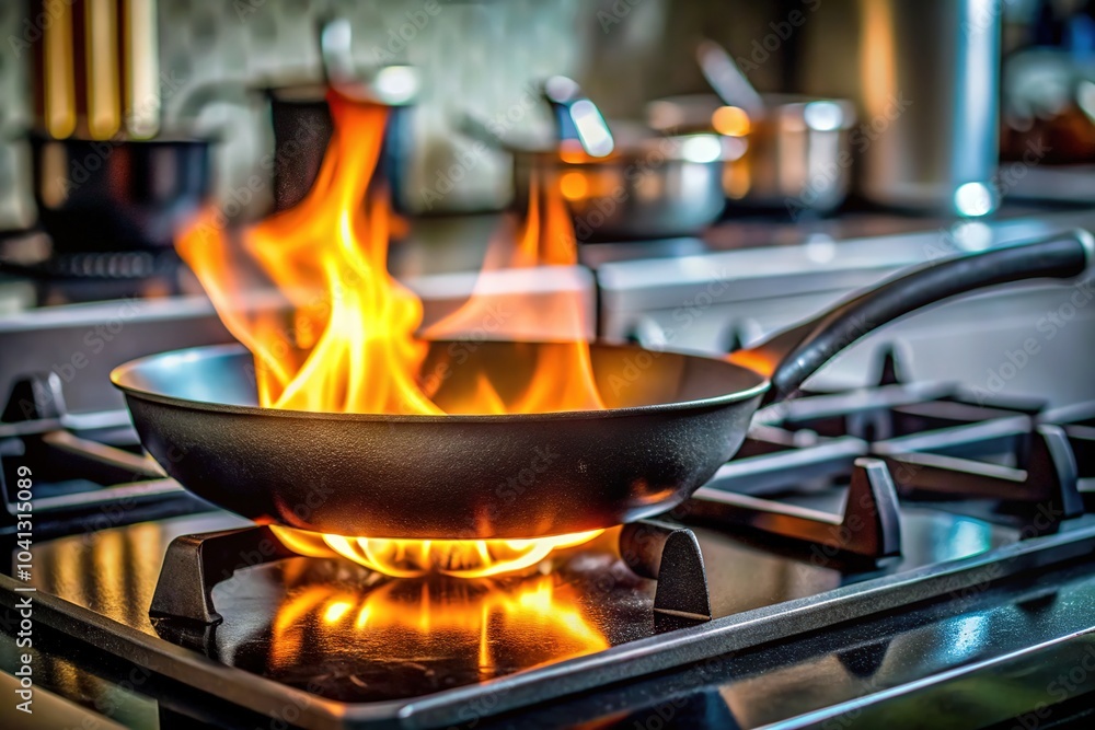 A close-up view of a pan heating intensely on a gas burner. A close-up view of a pan heating intensely on a gas burner.