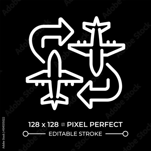 Charter flight white linear icon for dark theme. Airplanes with arrows. Flexible flight routes. Private aviation. Thin line illustration. Isolated symbol for night mode. Editable stroke