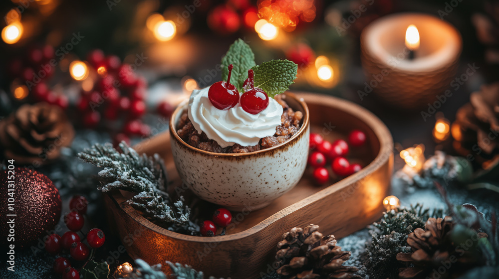 Delicious Japanese style Christmas pudding topped with cream and cherries Delicious Japanese style Christmas pudding topped with cream and cherries