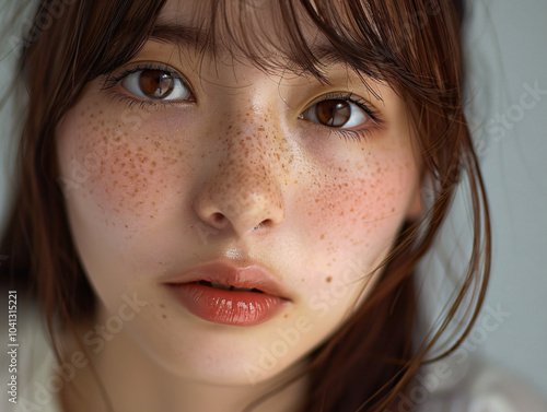 Close-Up Portrait Young Woman Freckles Facial Features Natural Beauty Concept asian japanes korean taiwanese chinese brown eyes girl model Makeup lighting Warm Youthful bang fashinable lips blush photo