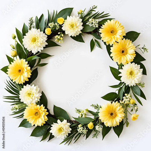 light yellow and white colors flowers arrange in circle shape floral wreath in round shape layout isolated on white background for creative design