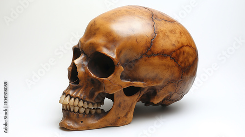 A highly detailed and realistic photograph of an old, worn-out wooden skull with visible cracks on the top, placed against a white background  photo