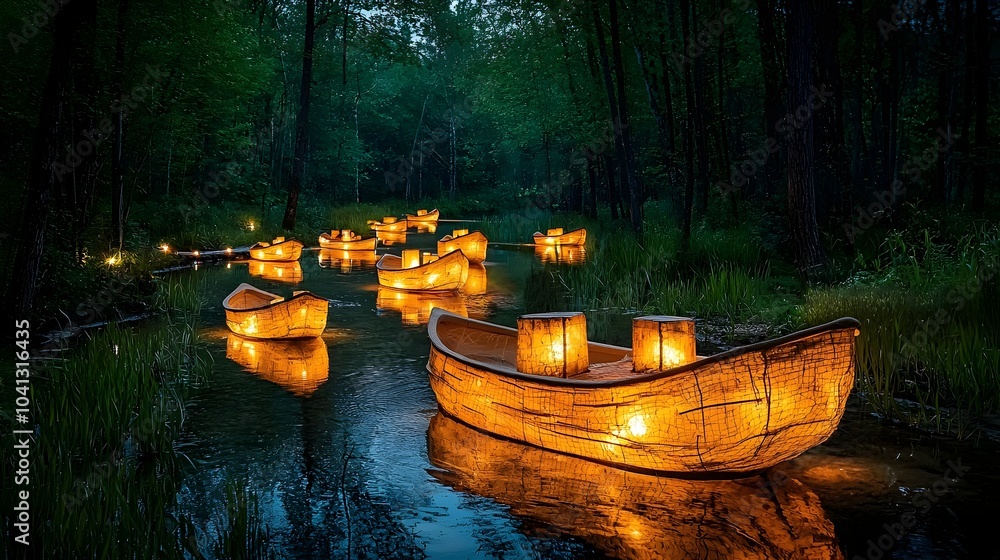 Glowing mesh lines create a serene and ethereal atmosphere over a still lake at night with the silhouettes of illuminated canoes reflected on the calm water s surface Glowing mesh lines create a serene and ethereal atmosphere over a still lake at night with the silhouettes of illuminated canoes reflected on the calm water s surface