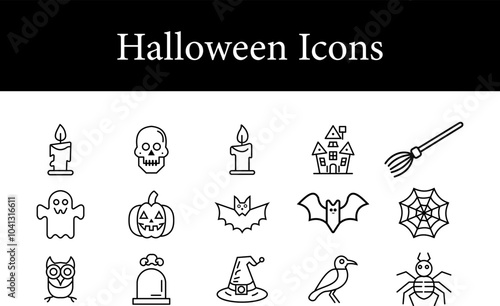 Halloween icons elements like ghosts, pumpkins, bats, spiders, witches, and haunted houses. Maintain a minimalist, line art style symbol