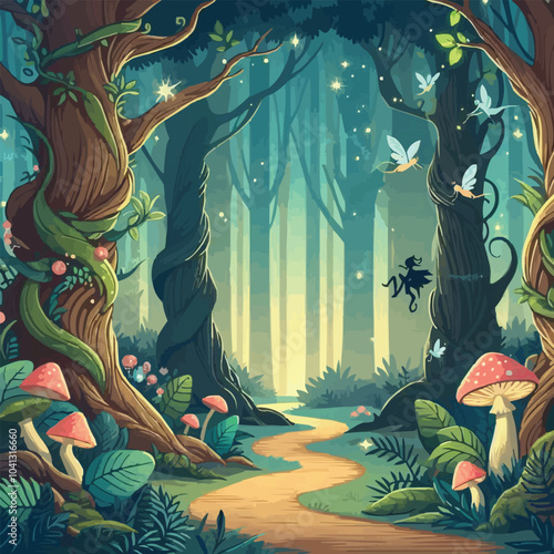 Mystical woodland with ancient trees lush vegetation and sparkling fairy lights background