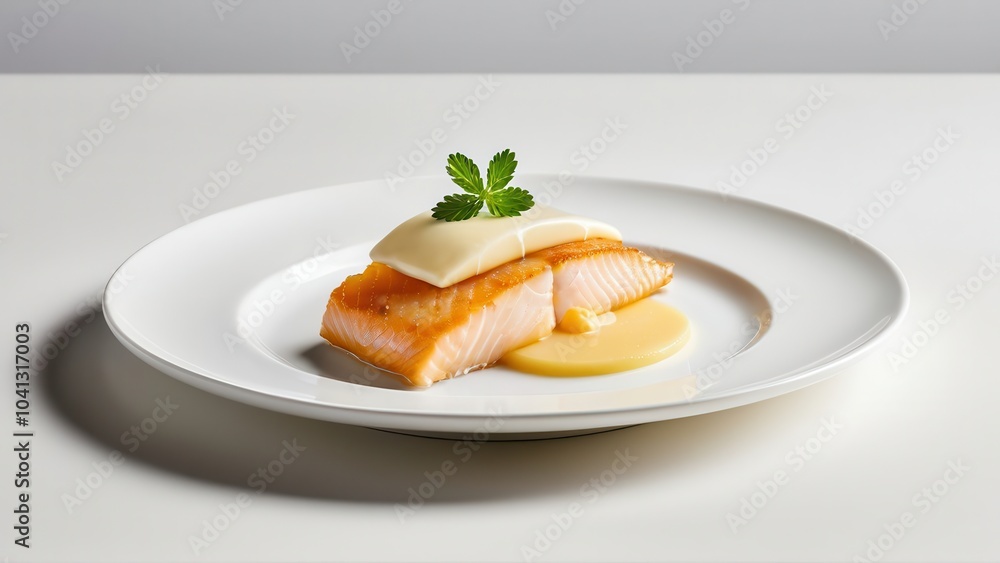 Cooked salmon fillet with a golden sauce served on a minimalistic white plate against a yellow background Cooked salmon fillet with a golden sauce served on a minimalistic white plate against a yellow background