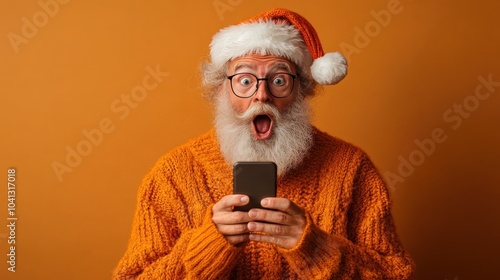 Santa shocked holding phone in knit orange sweater. photo